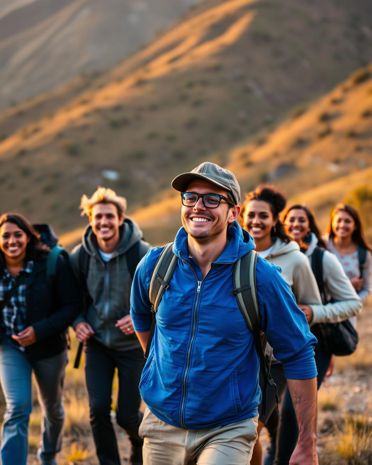 Innovision travel guide leading a group on a mountain trek at golden hour