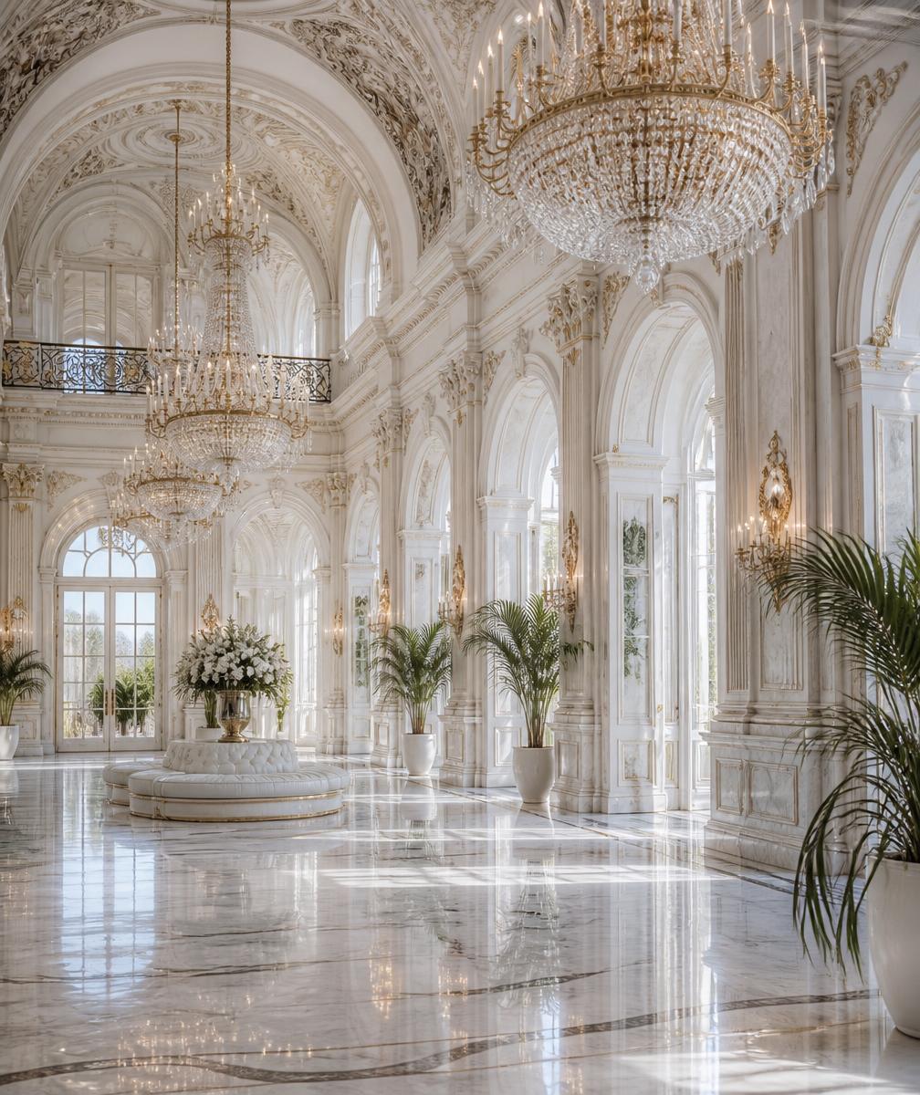 Grand white marble ballroom with crystal chandeliers