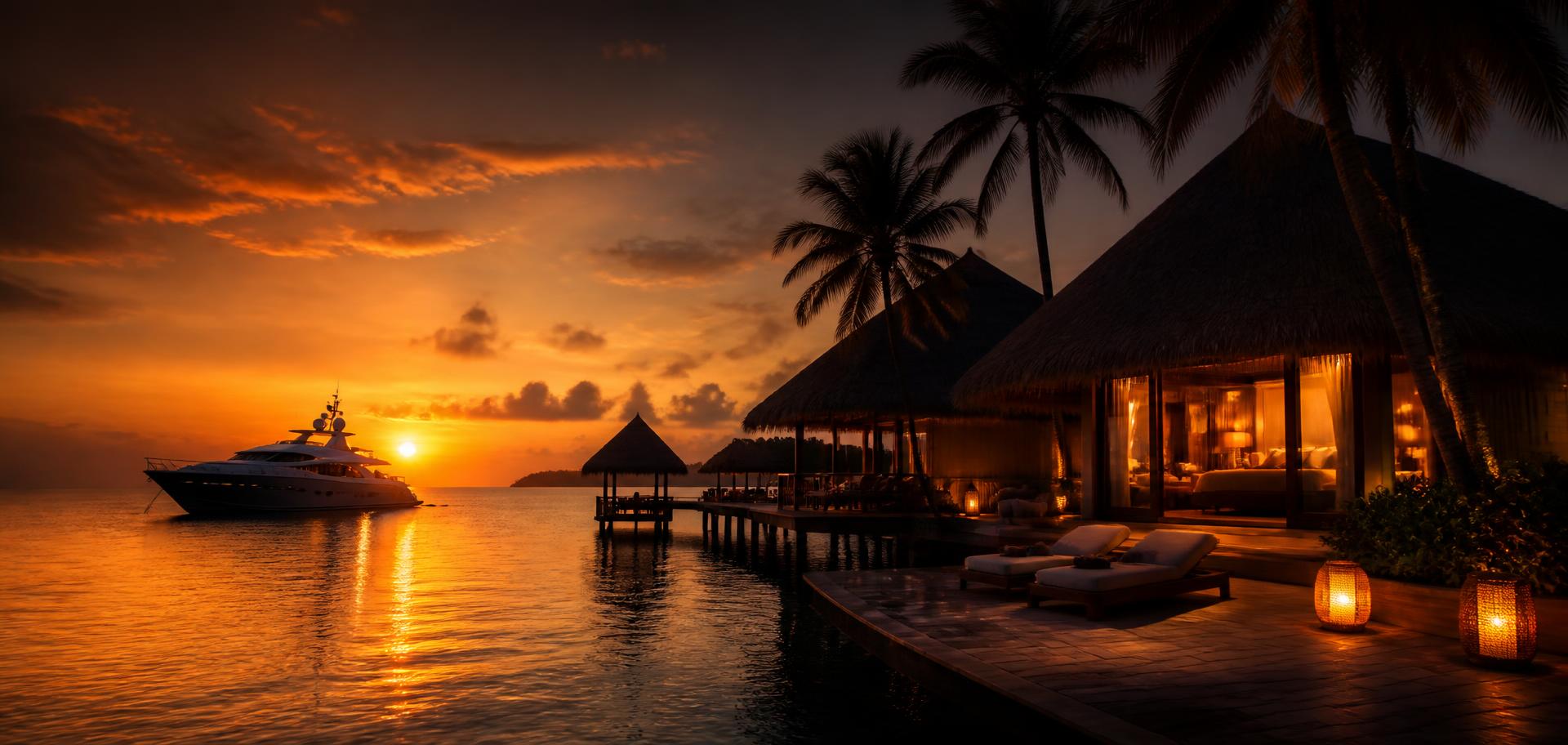 Luxury overwater resort with a private yacht at sunset