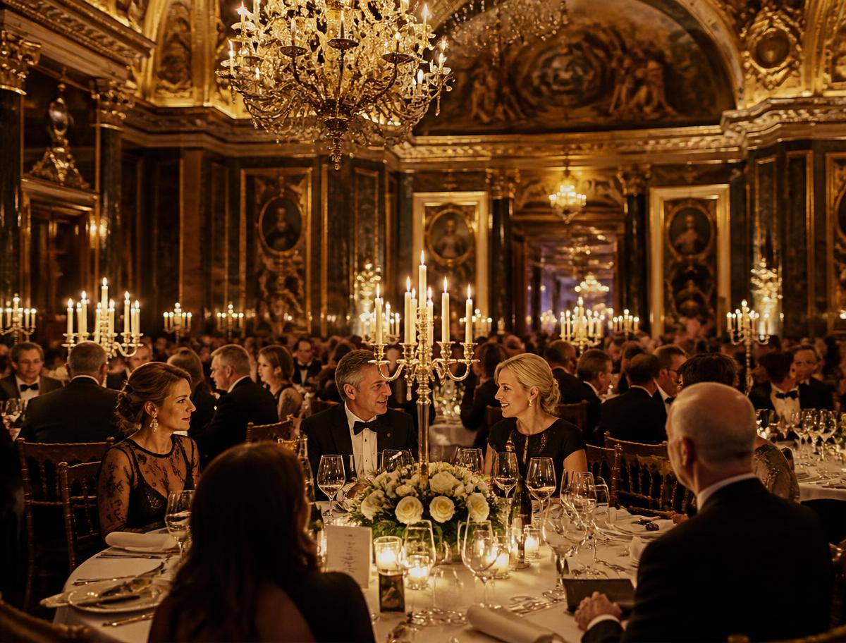 Black-tie gala dinner beneath chandeliers in a heritage ballroom