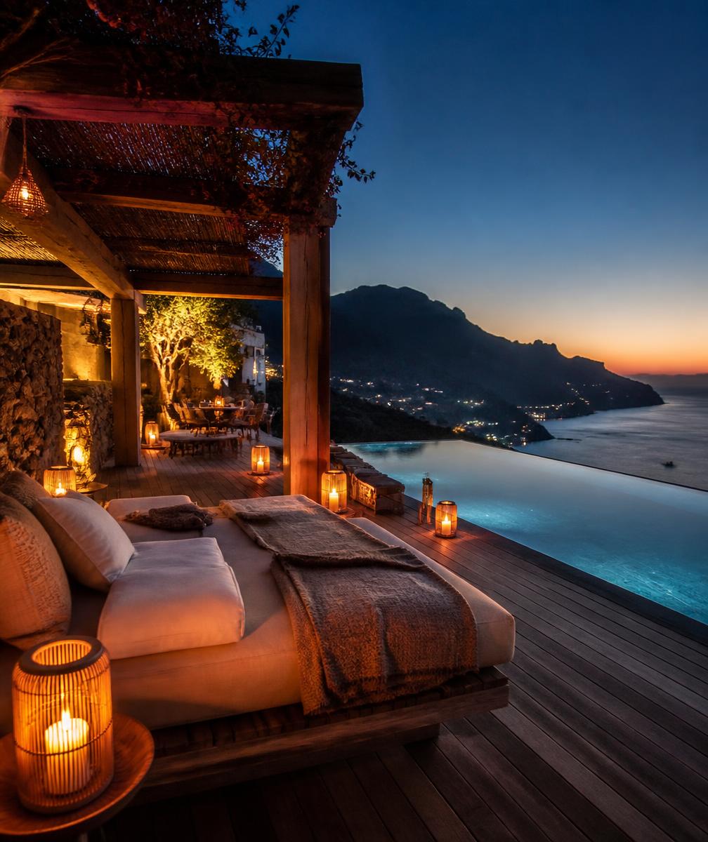 Luxury resort terrace at dusk with lanterns and an infinity pool overlooking the coast